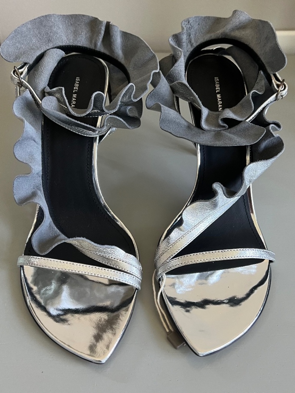 NIB ISABEL MARANT frills sandal size 38 in Silver metallic leather